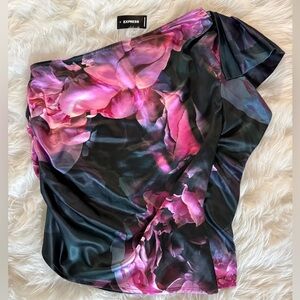 Express One Shoulder Floral Pink and Black Blouse